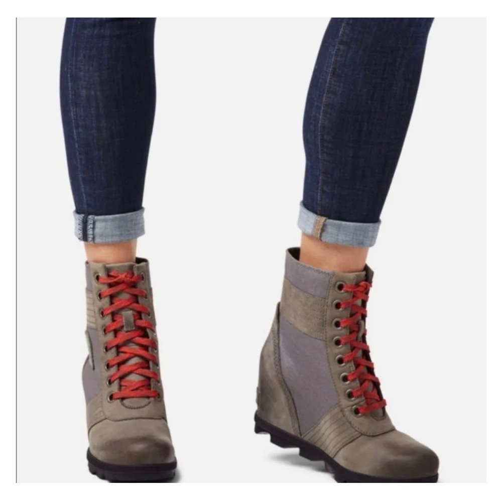 Sorel Lexie Gray Leather Canvas Heeled Lace Up Wedge Boots Snow Winter Women 8.5